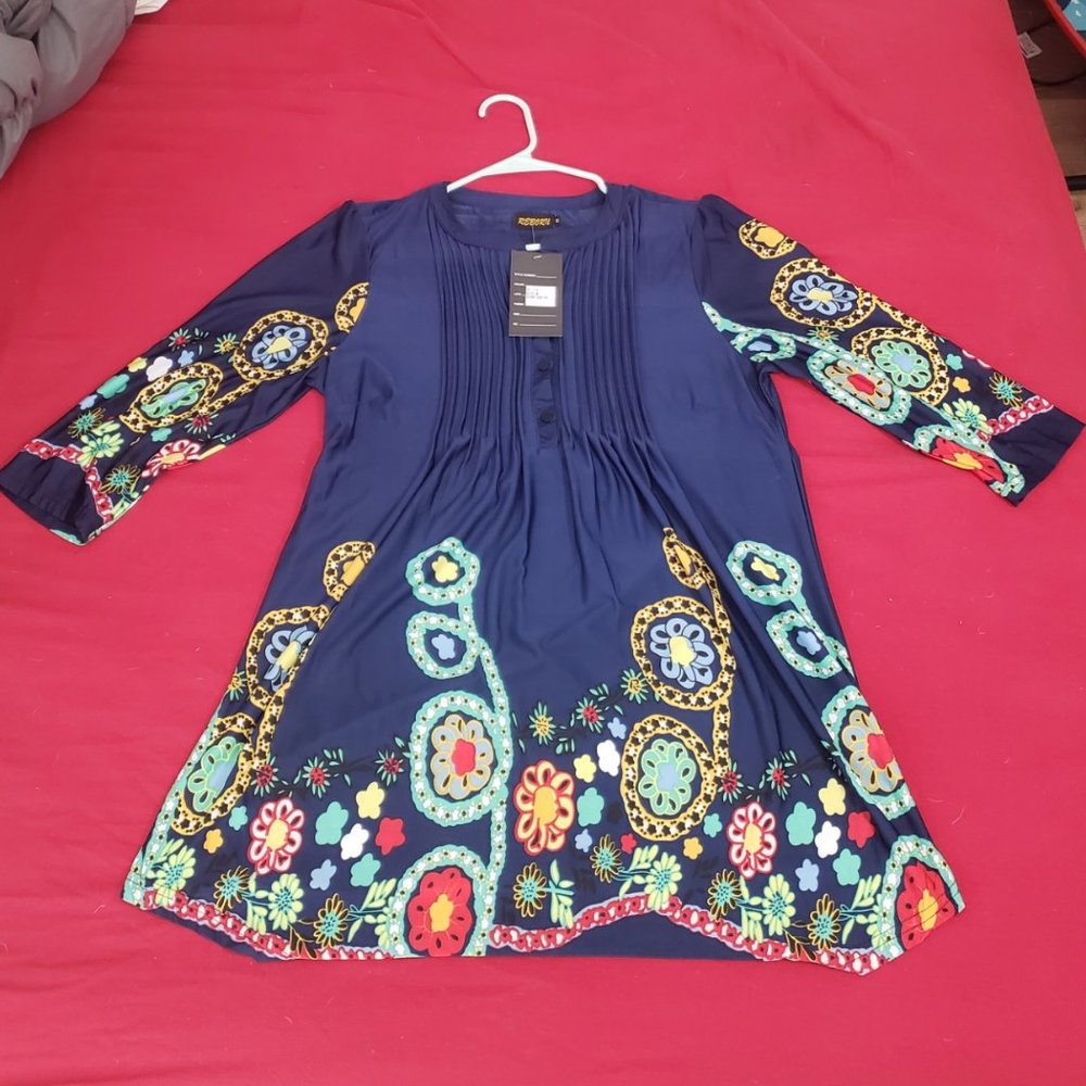 Beautiful Dark Blue Floral Boho Inspired Loose Fitting Casual Blouse